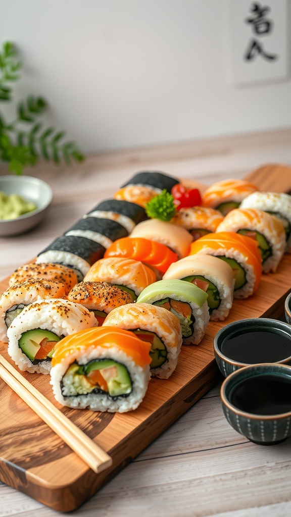 A vibrant platter of sushi rolls with salmon and vegetables, served with soy sauce and wasabi on a wooden board.